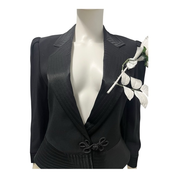 VTG 90s LOUIS FERAUD Black Avant Maximalist Cocktail Tuxedo Jacket 8 w Rose - Picture 4 of 9